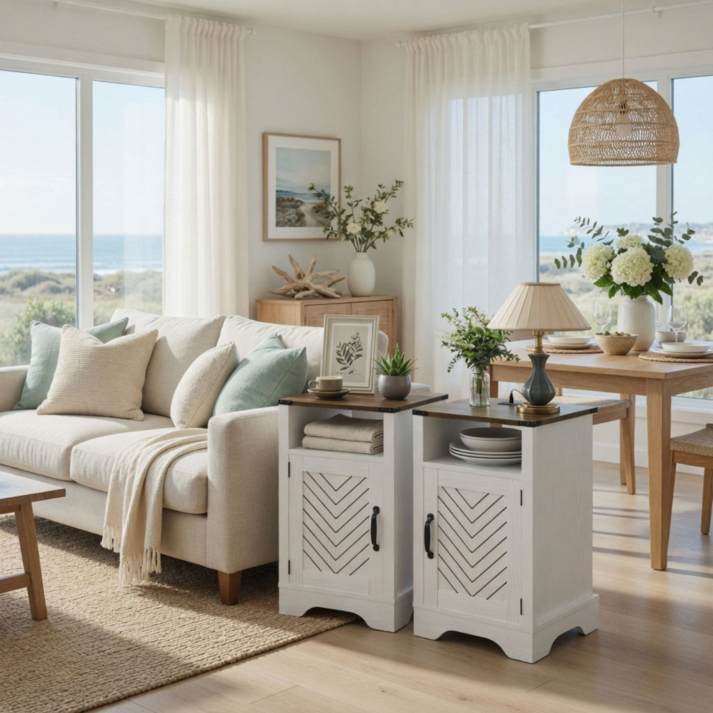 Farmhouse Nightstand with Charging Station & Storage - White