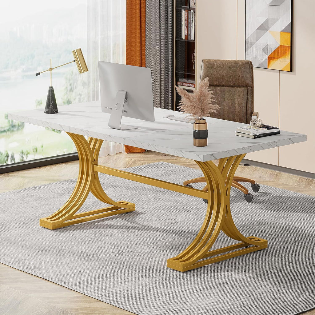 White and Gold Executive Desk with X-Legs - Stain-Resistant Surface