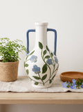 Floral Amphora Ceramic Vase with Elegant Floral Design - Blue, Green & White