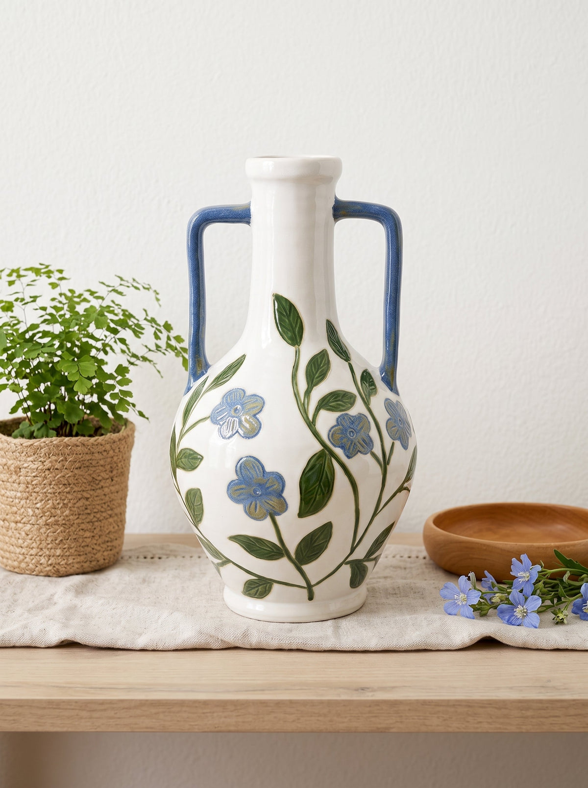 Floral Amphora Ceramic Vase with Elegant Floral Design - Blue, Green & White