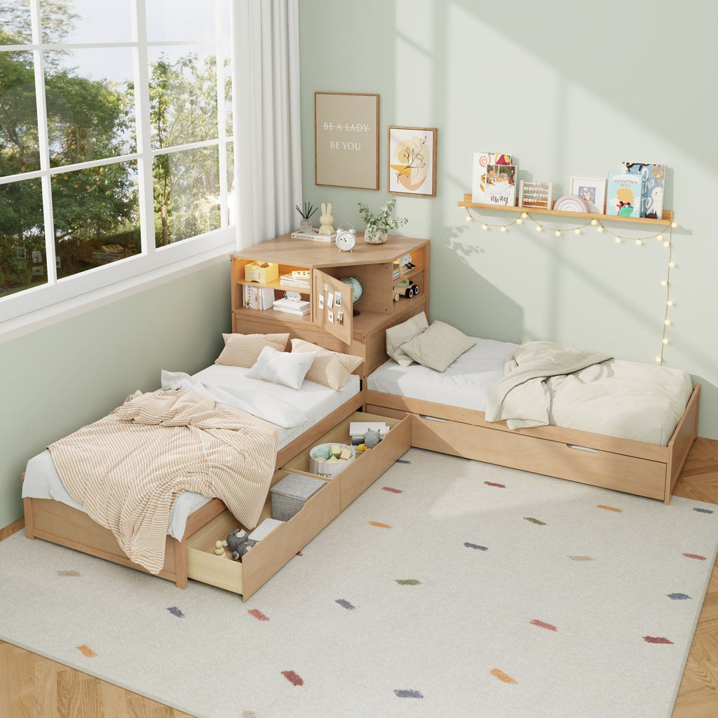L-Shaped Bed Frame with Trundle, Desk & LED Lighting - Twin