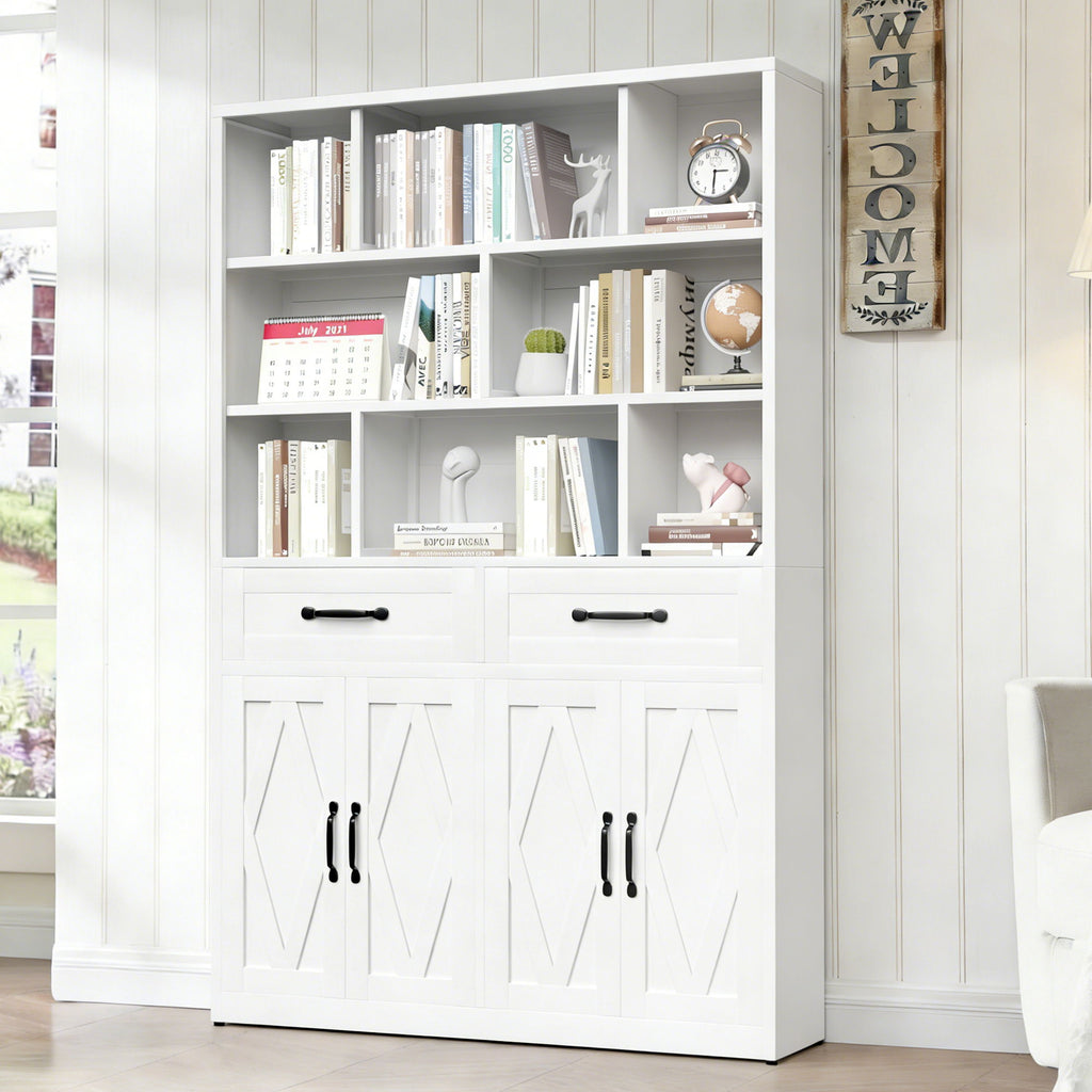 Bookcase Tall With 2 Doors & 2 Drawers, Fixed Open Shelves - White