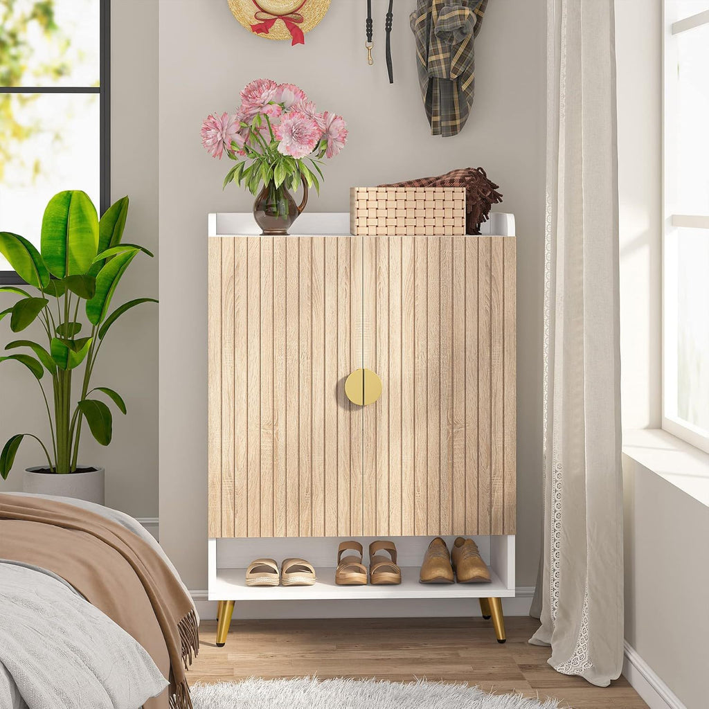 Shoe Cabinet With Doors, 7 Tier Storage Organizer with Adjustable Shelves - Dark Brown, Light Brown, or White