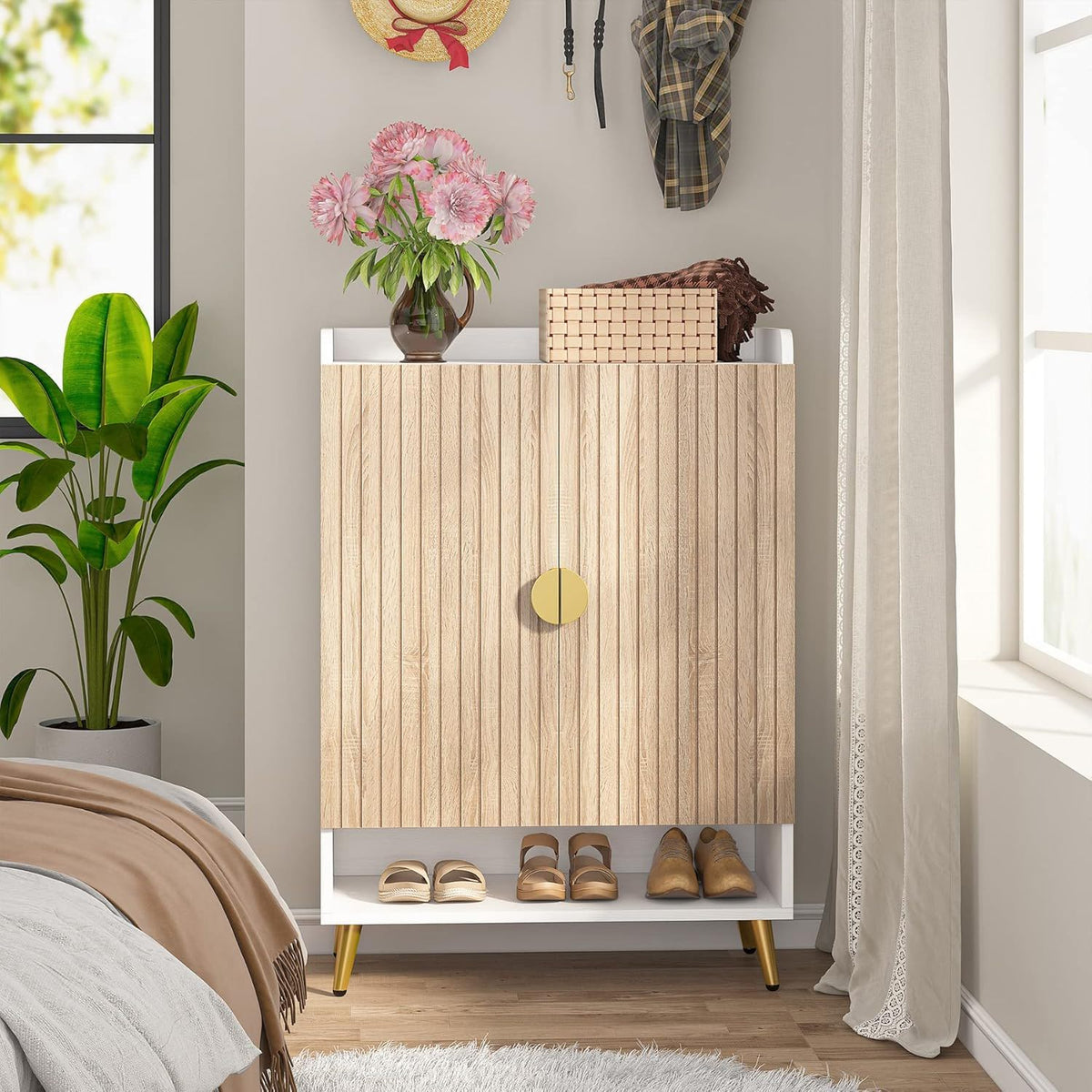 Shoe Cabinet With Doors, 7 Tier Storage Organizer with Adjustable Shelves - Dark Brown, Light Brown, or White