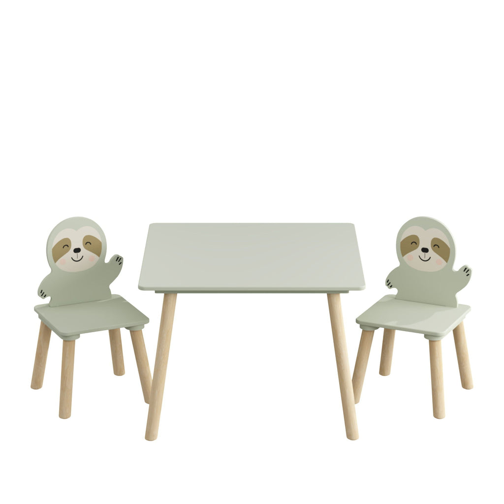Sloth Themed Table And Chair Set With 2 Cute Animal Chairs - Natural Wood / Sage Green