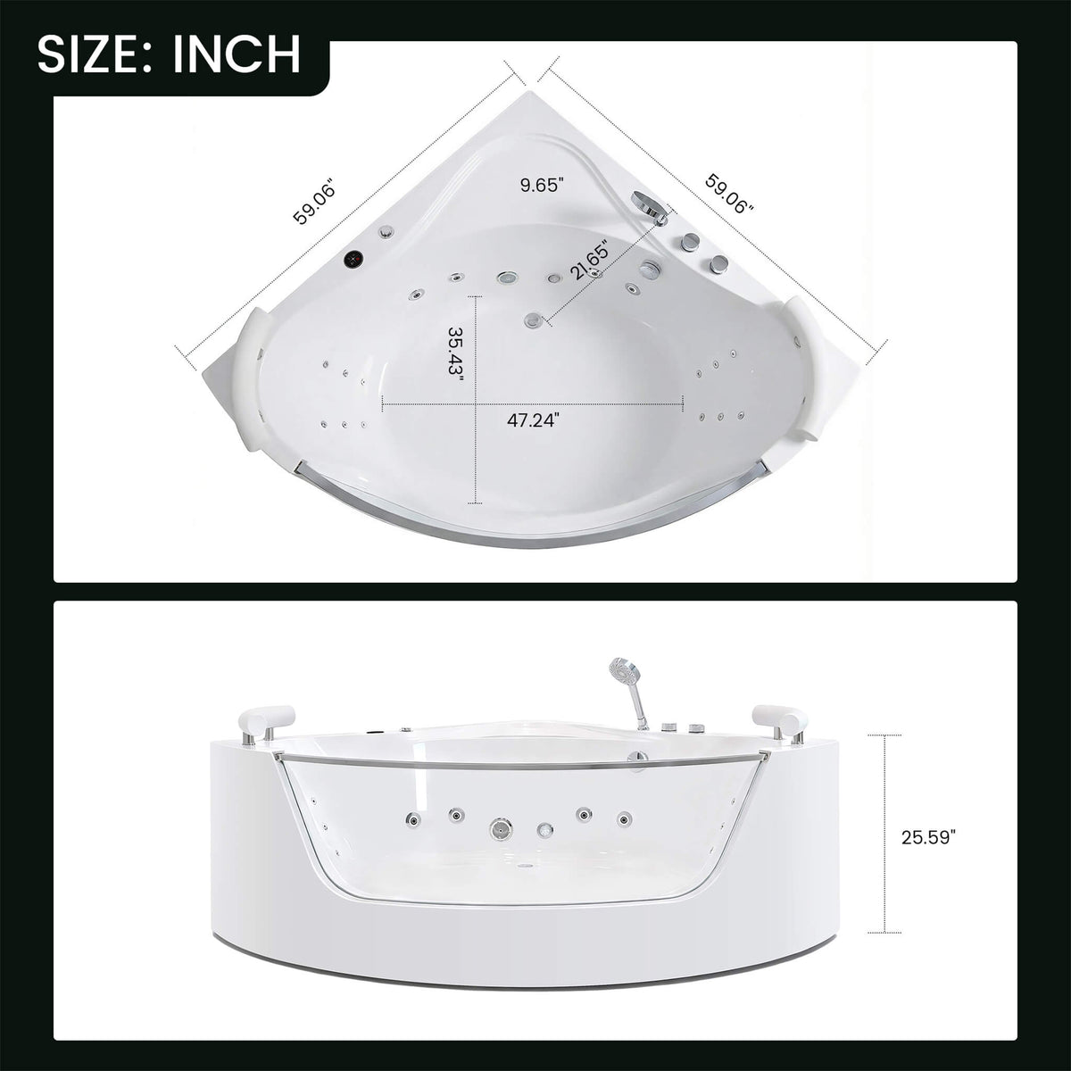 Serenity 59-Inch 2-Person Acrylic Corner Whirlpool 16-Jet Hydromassage Bathtub With Heater Rainbow Light (SAK12058)