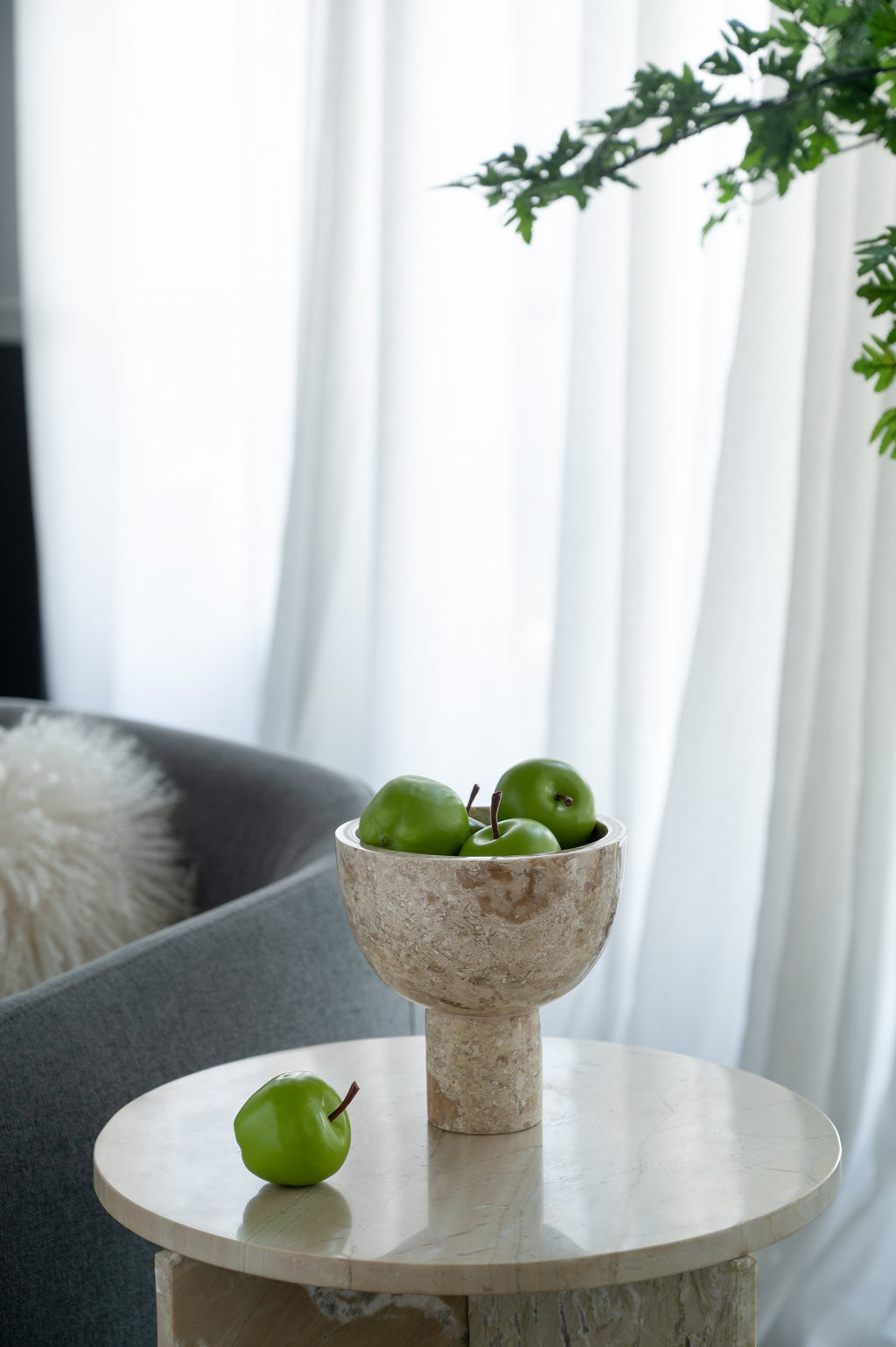 Round Marble Pedestal Bowl with Cylindrical Base - Cream