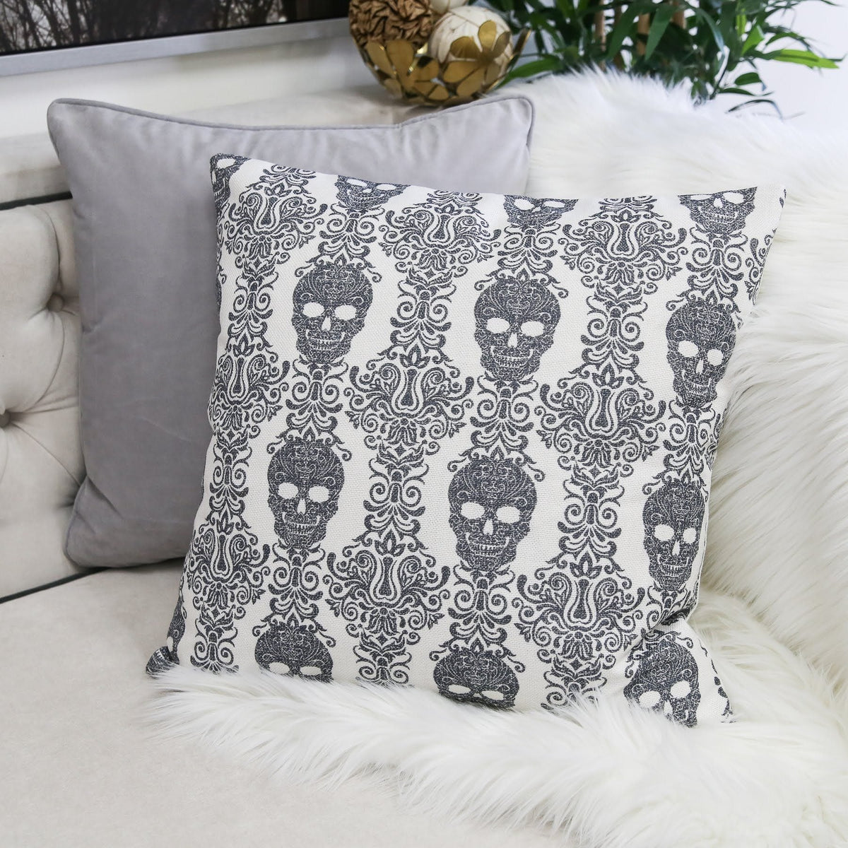 Gothic Damask Skull Throw Pillow – Black & White Cotton Linen