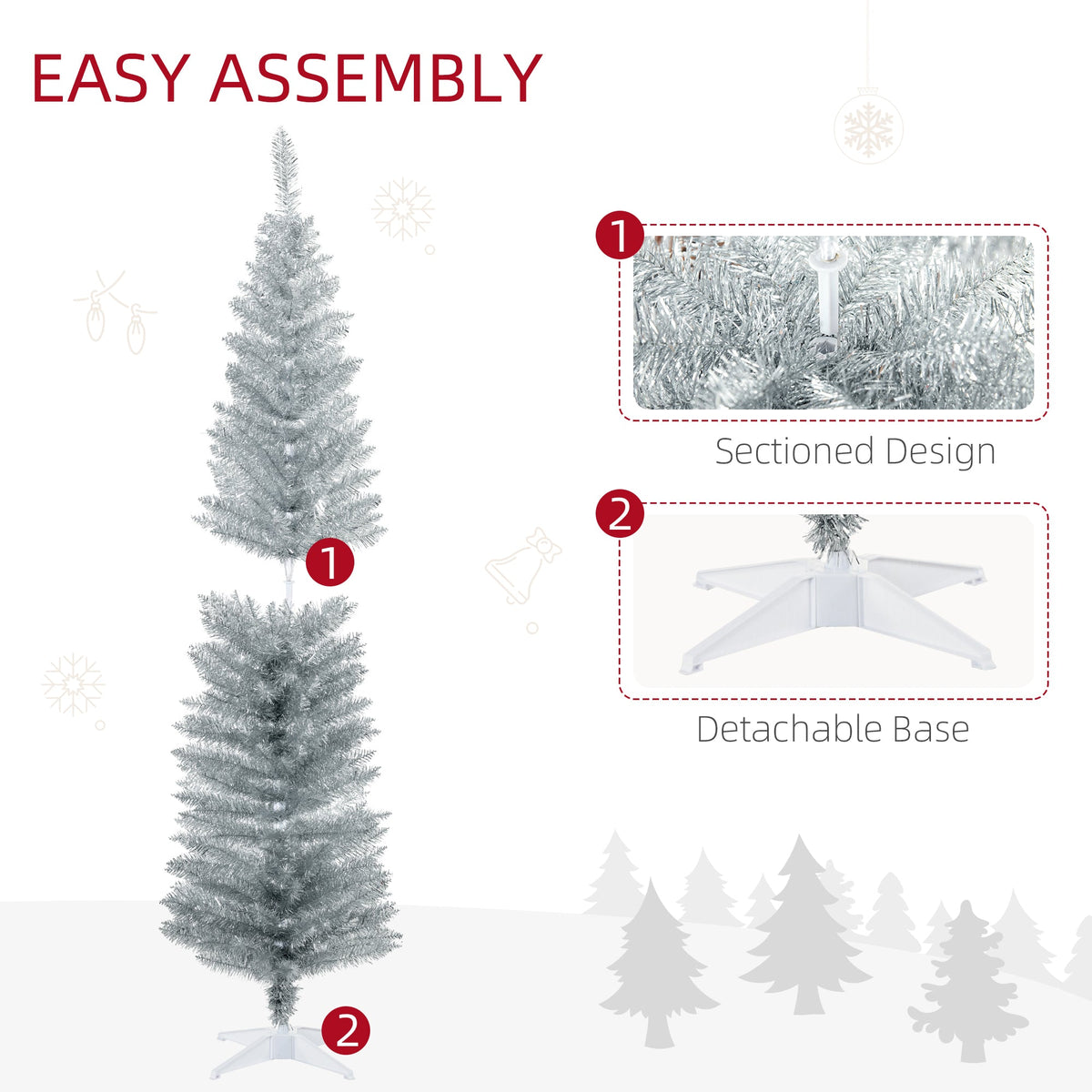 6' Artificial Pencil Christmas Tree with Slim Design - Silver, White, Black