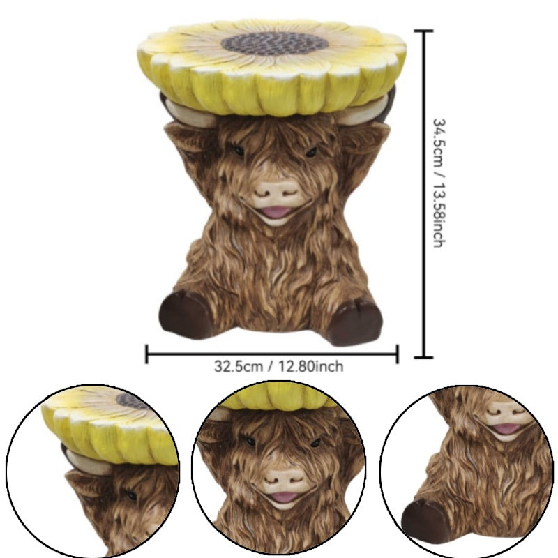 Highland Cow Stool with Sunflower Top - Resin Farmhouse Stool