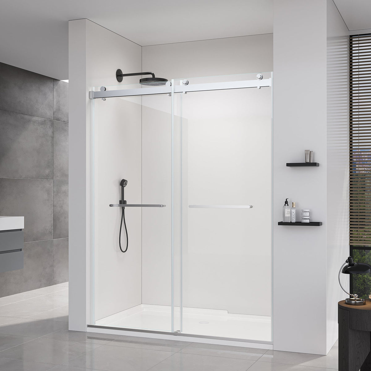 Double Sliding Frameless Soft-Close Shower Door with Brushed Nickel Finish