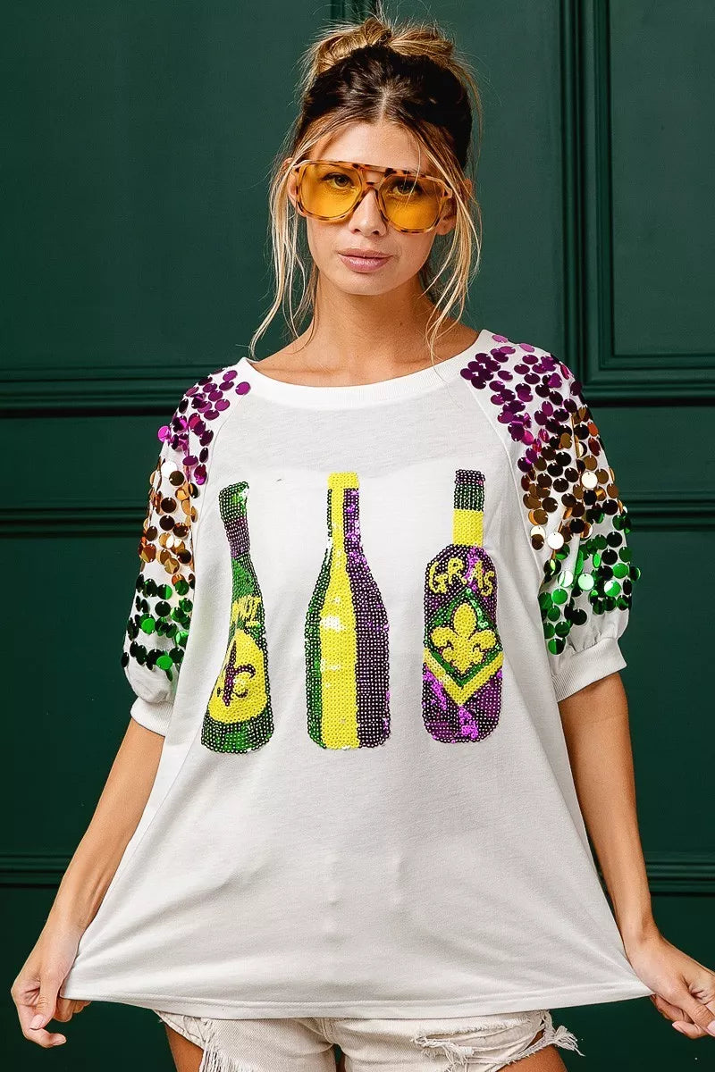 BiBi Sequin Mardi Gras Bottles Spangled Sleeve Top