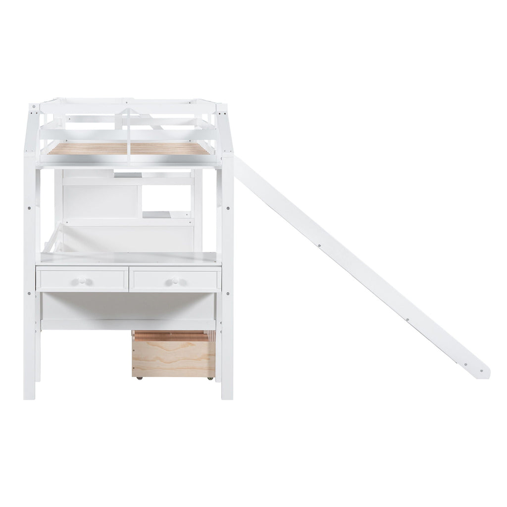 Bunk Bed With Storage Staircase, Slide, Desk, Drawers, And Shelves