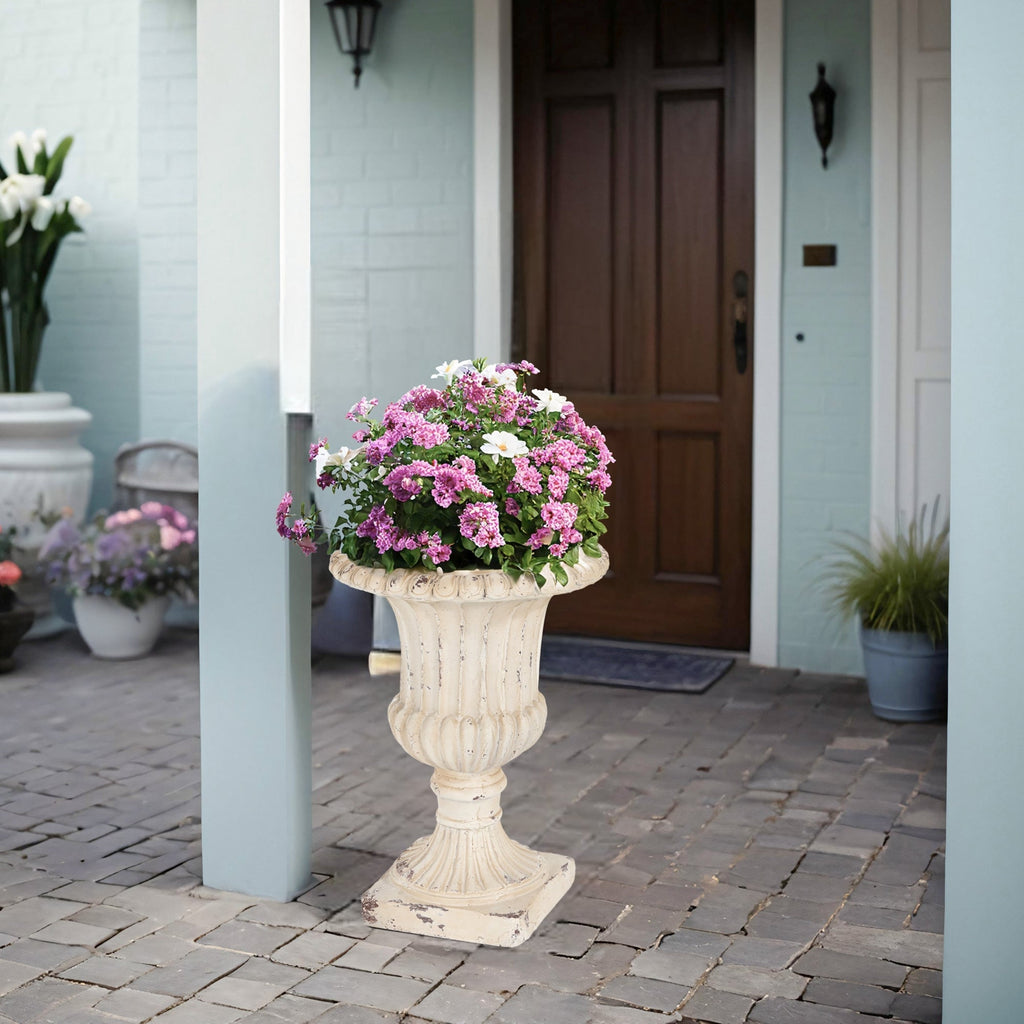 Antique White Garden Urn Planter with Drainage - 14" W x 19.25" H
