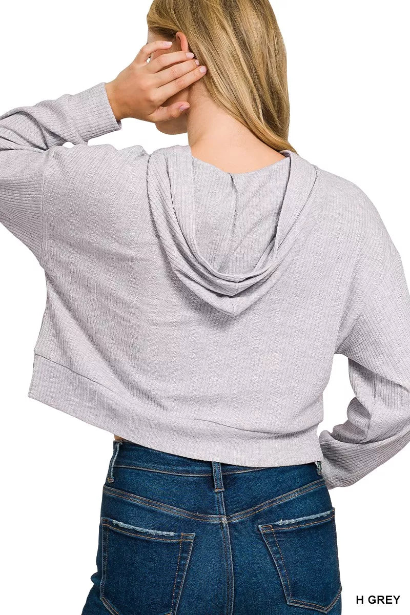 Zenana Drop Shoulder Ribbed Crop Hoodie