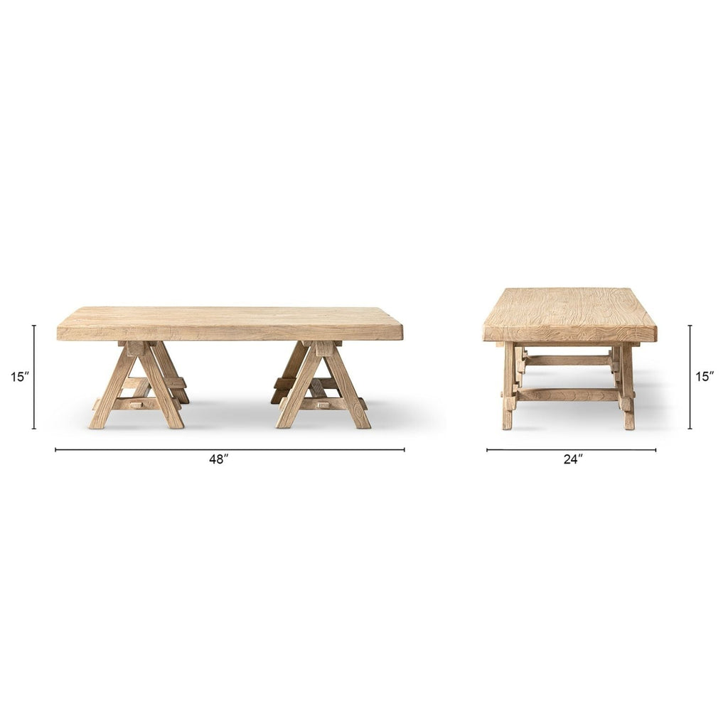 Trestle Coffee Table with Solid Reclaimed Elm Construction - Dark or Light Brown