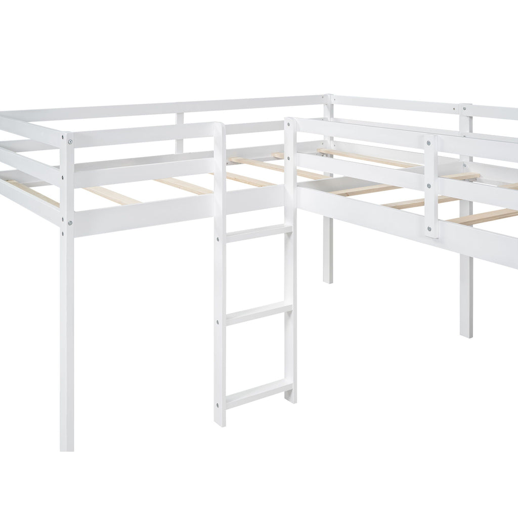 L Shaped Loft Bed with Slide and Ladder - Twin Size, Solid Wood - White or Dark Gray