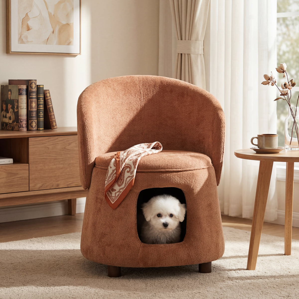 Orange Pet Friendly Chair with Hidden Pet Nook & Storage Seat