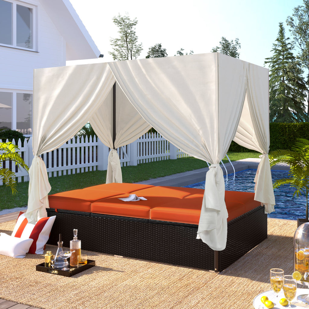 Outdoor Double Chaise Lounge Daybed with Adjustable Backrests and Curtains - Orange or Beige
