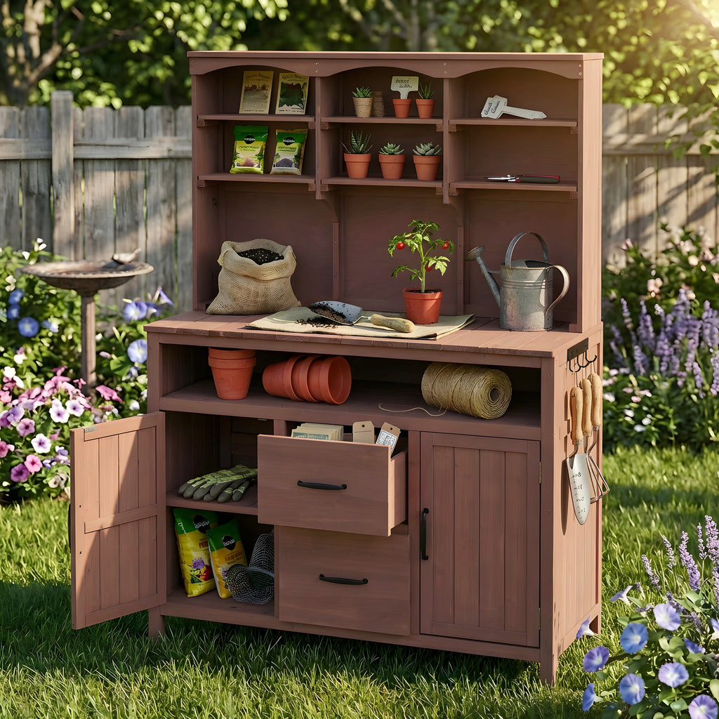 Large Fir Wood Potting Bench with Hutch and Storage - Brown