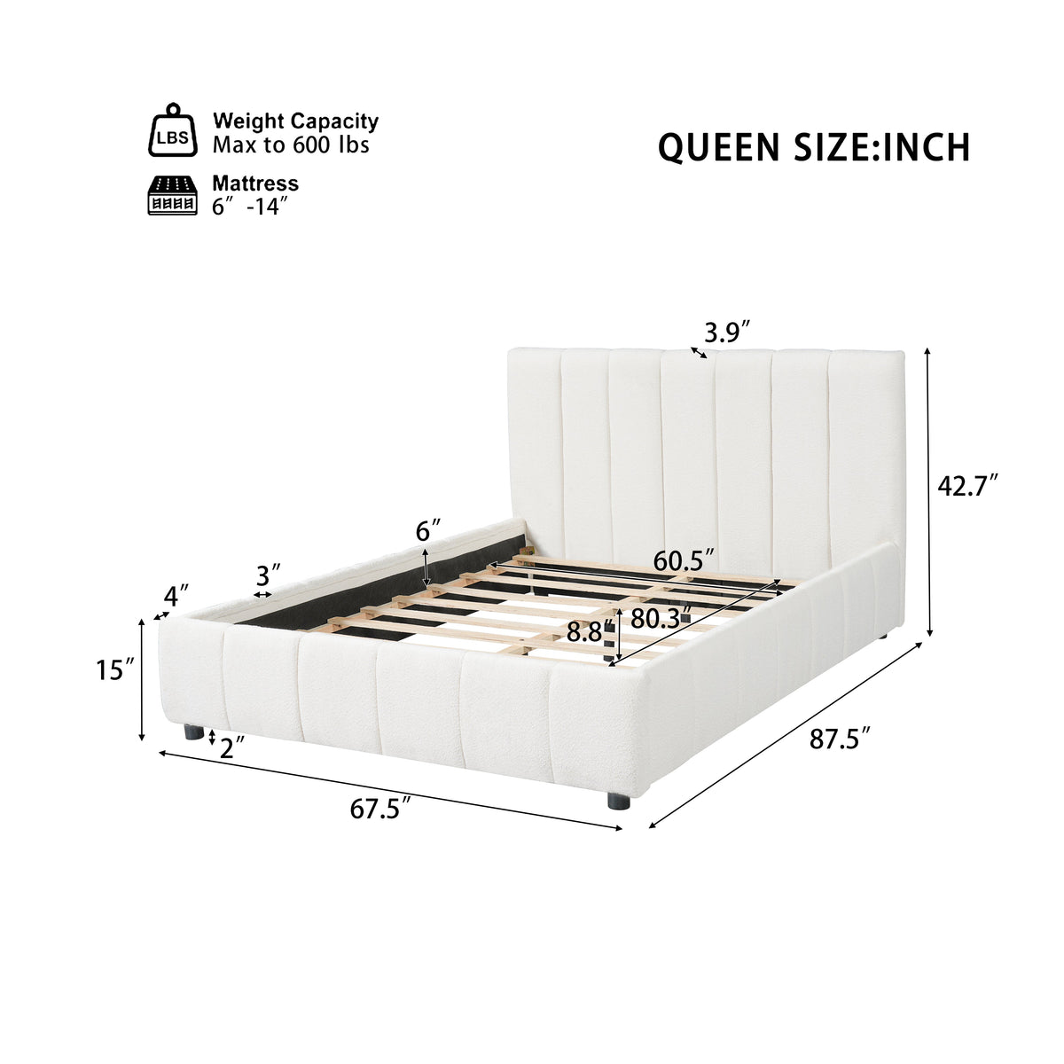 Queen Size Upholstered Bed Frame with Thick Fabric