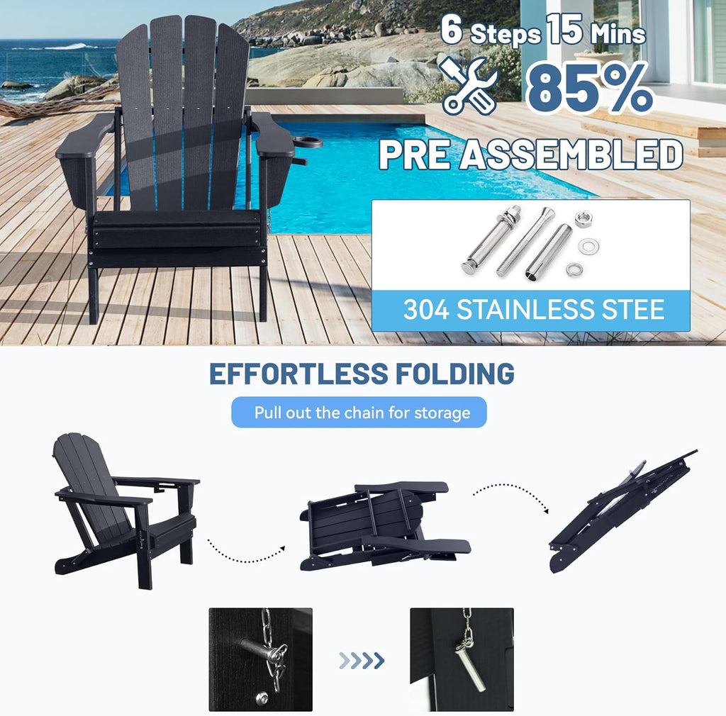 Black Folding Adirondack Chair with Cup Holder - HDPE Outdoor Patio Seating