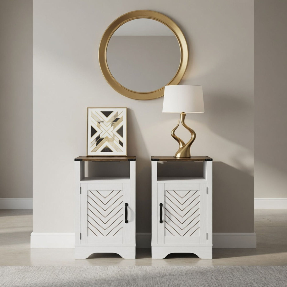 Farmhouse Nightstand with Charging Station & Storage - White