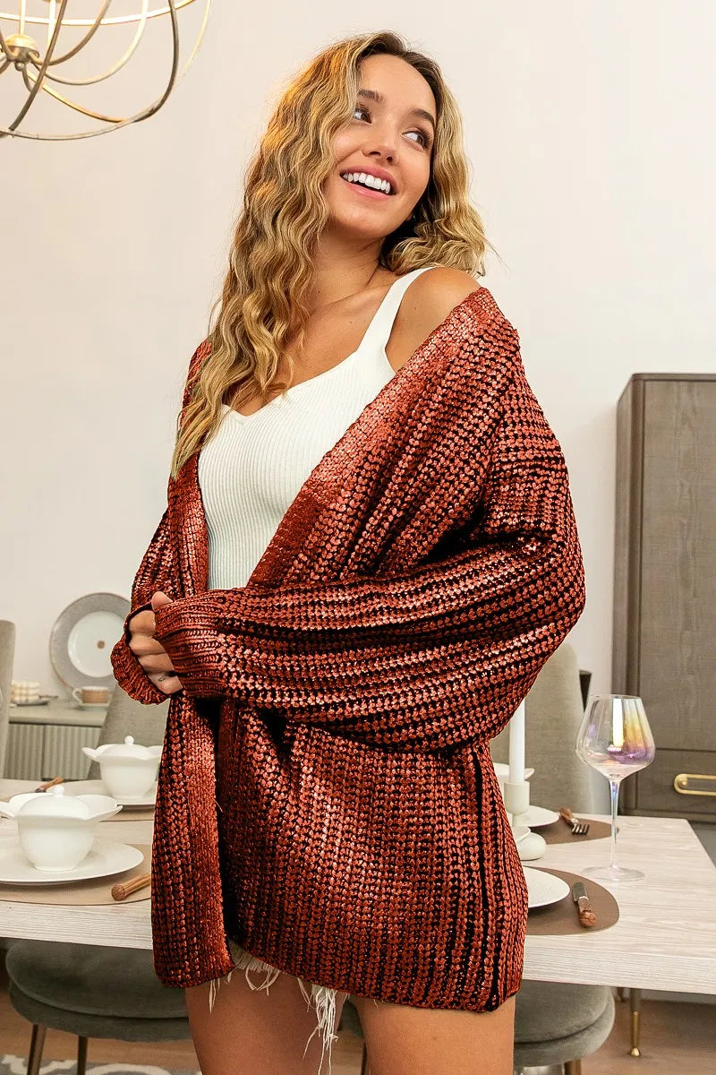 BiBi Metallic Knit V-neck Open Sweater Cardigan