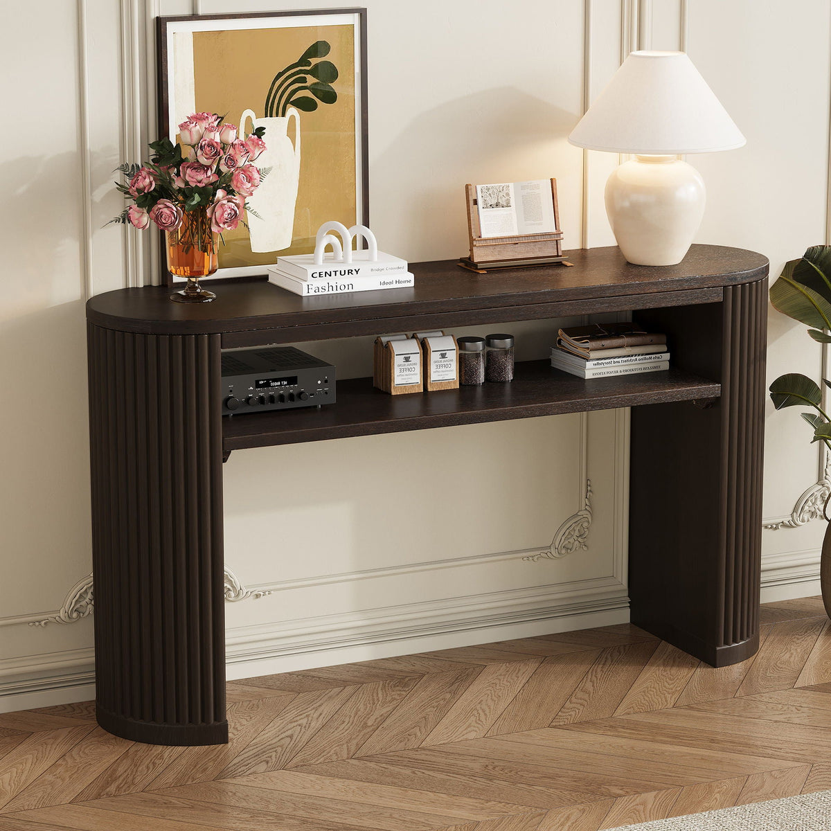Console Table With Fluted Legs and Open Shelf - Available in Black, Light Brown, Dark Brown