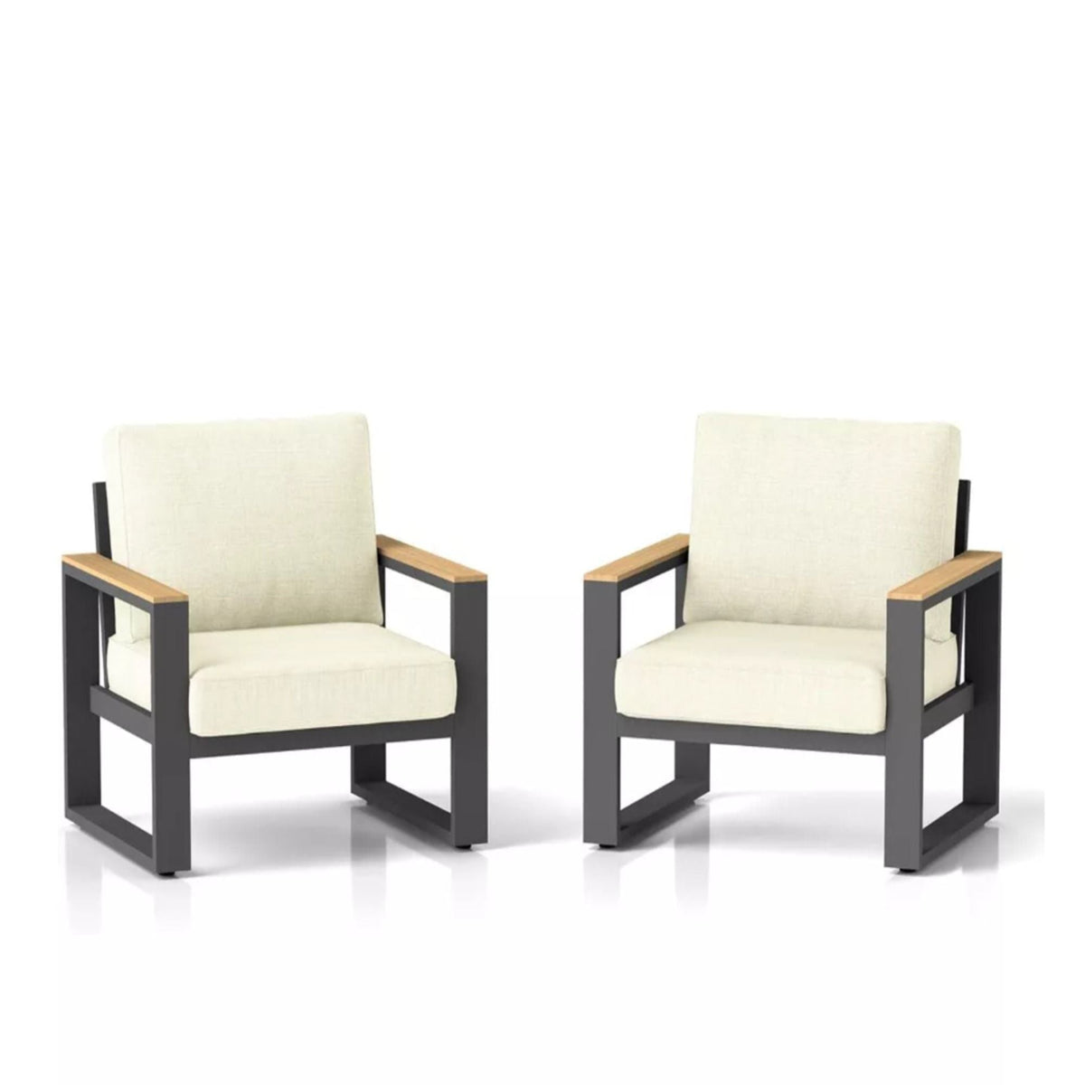 All-Weather Patio Armchairs with Thick Cushions – Set of 2 – Beige or Dark Gray