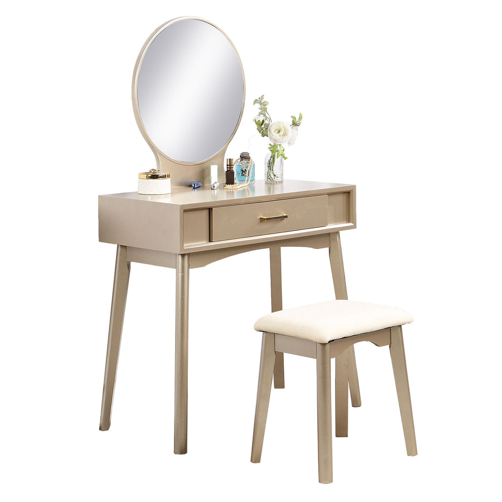Contemporary Wood Vanity Set with Mirror and Stool - Gold