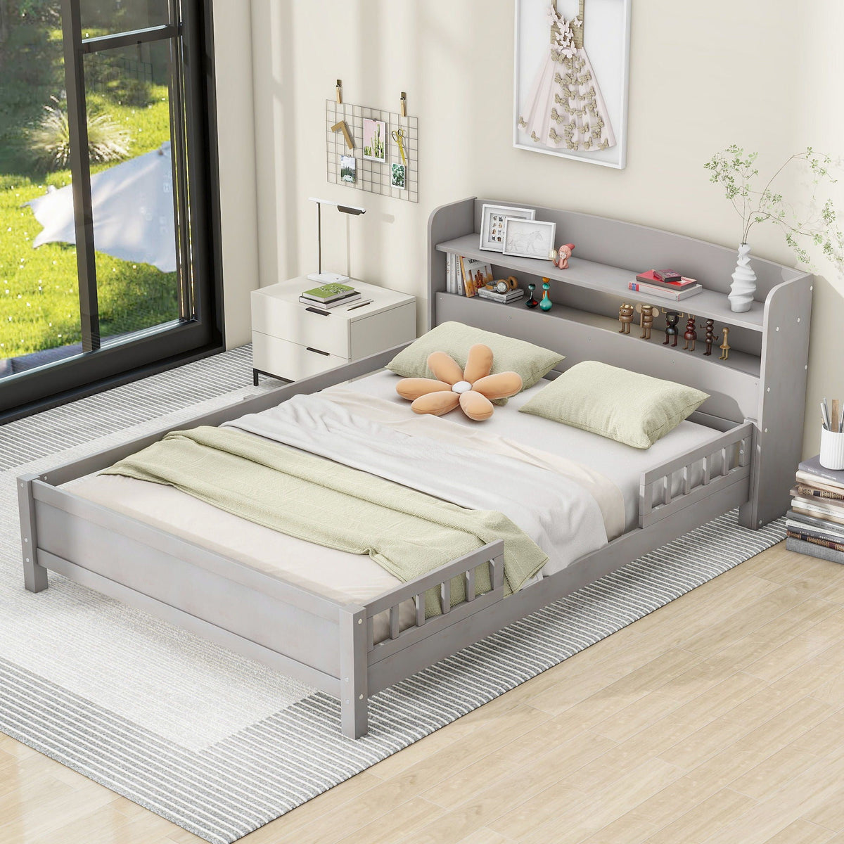 Wood Platform Bed With Built In LED Light, Storage Headboard And Guardrail