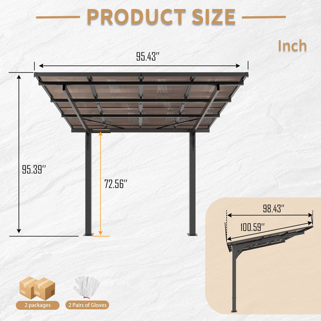 8x8FT Outdoor Carport with Galvanized Steel Frame and Sloped PC Roof - Black