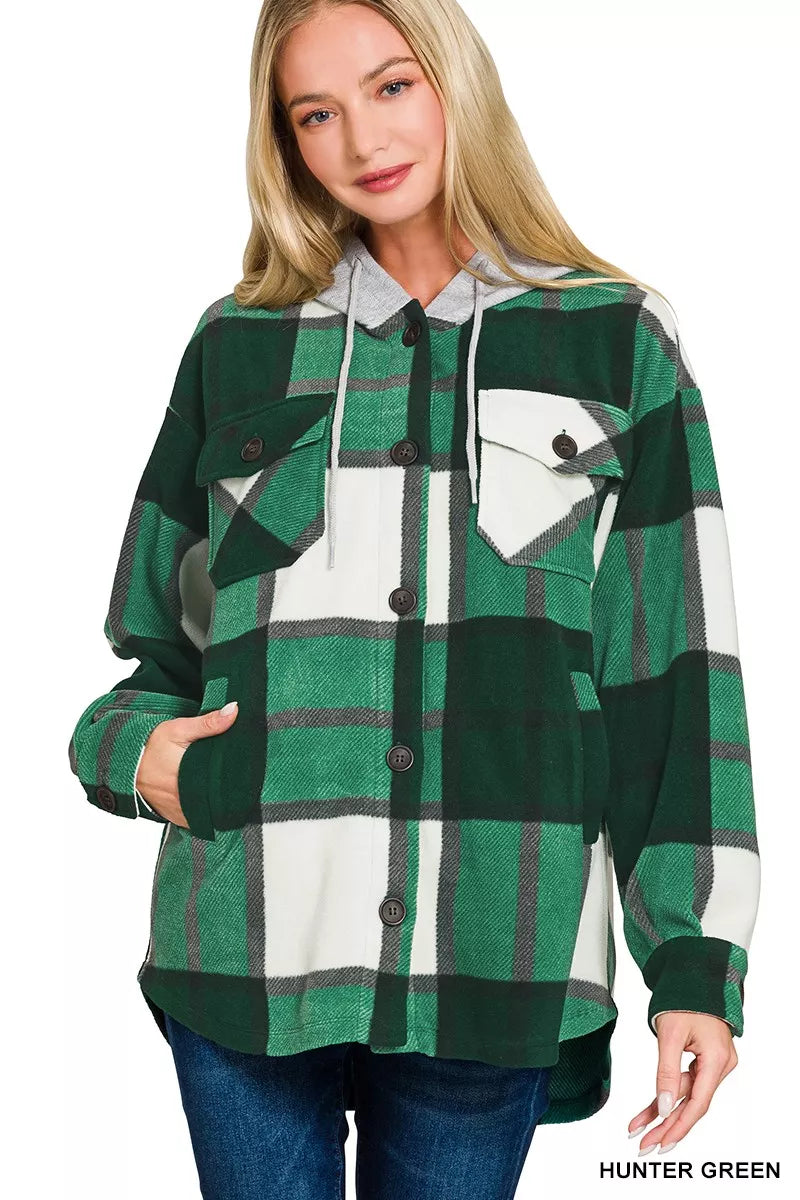 Zenana Plaid Drawstring Hooded Fleece Shacket