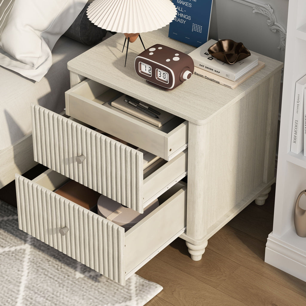 Fluted Nightstand with 3 Drawers - Set of 2 - Dark Brown or Beige