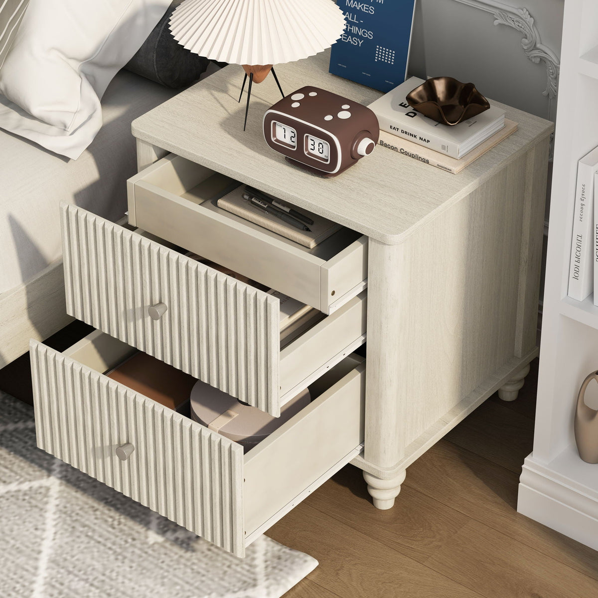 Fluted Nightstand with 3 Drawers - Set of 2 - Dark Brown or Beige