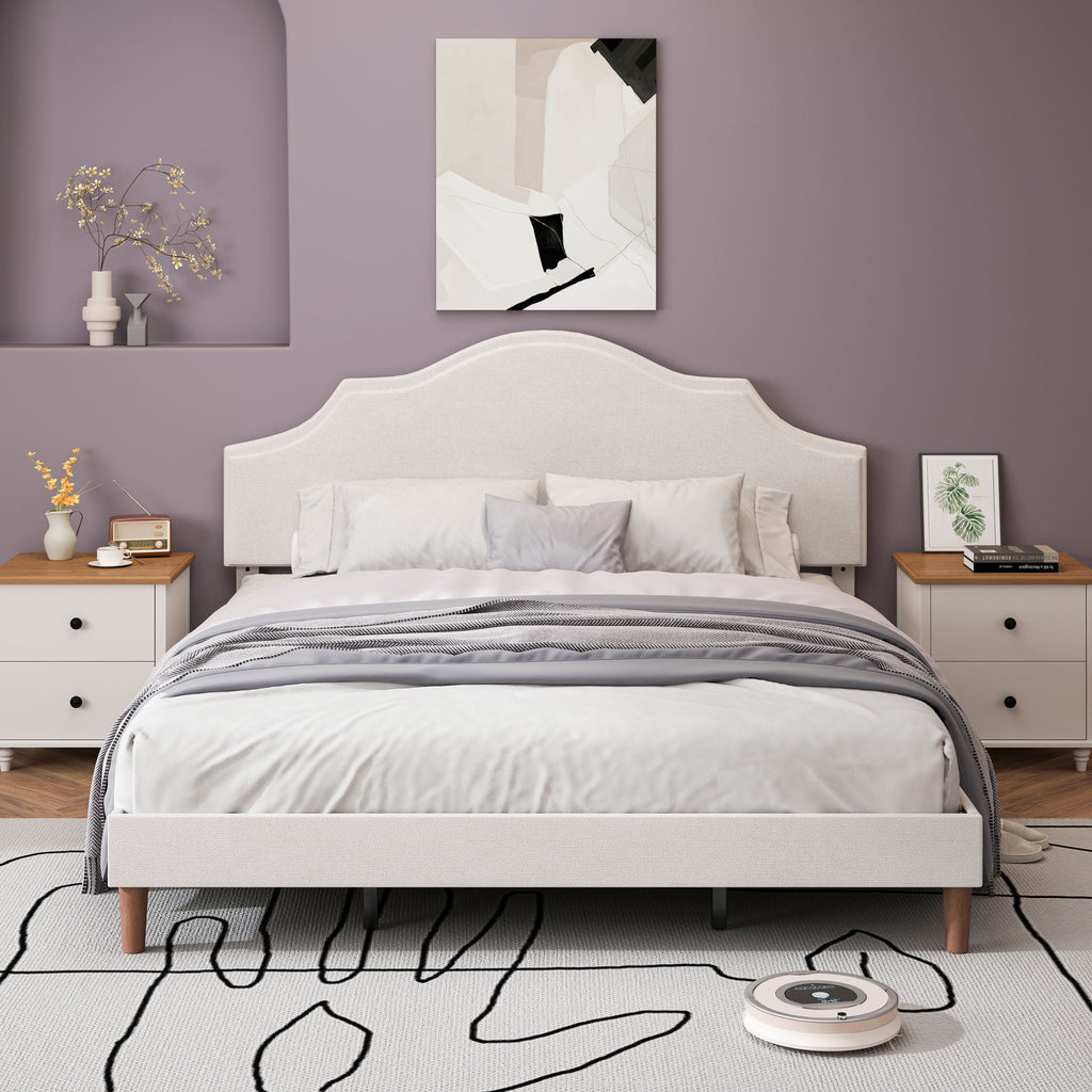 King Upholstered Platform Bed Frame with Adjustable Headboard - White