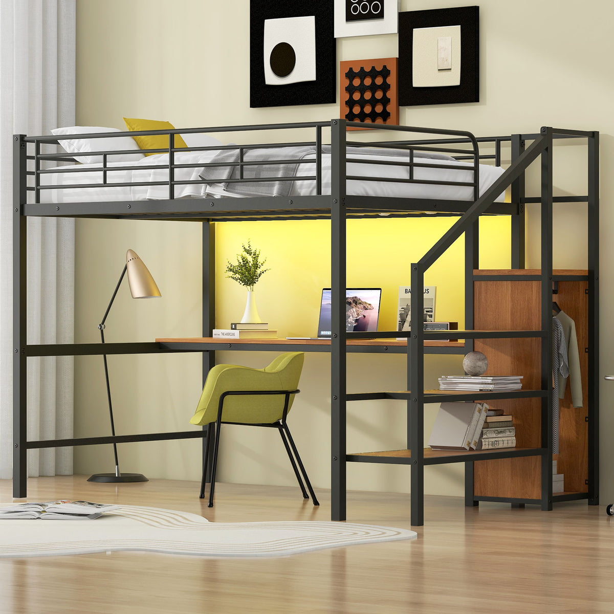 Full Size Loft Bed with Desk, Storage Staircase & Wardrobe - Black or White