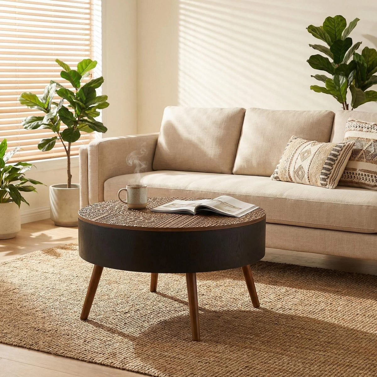 Round Coffee Table with Storage Function - Carved Wood Top - Dark Brown or Black