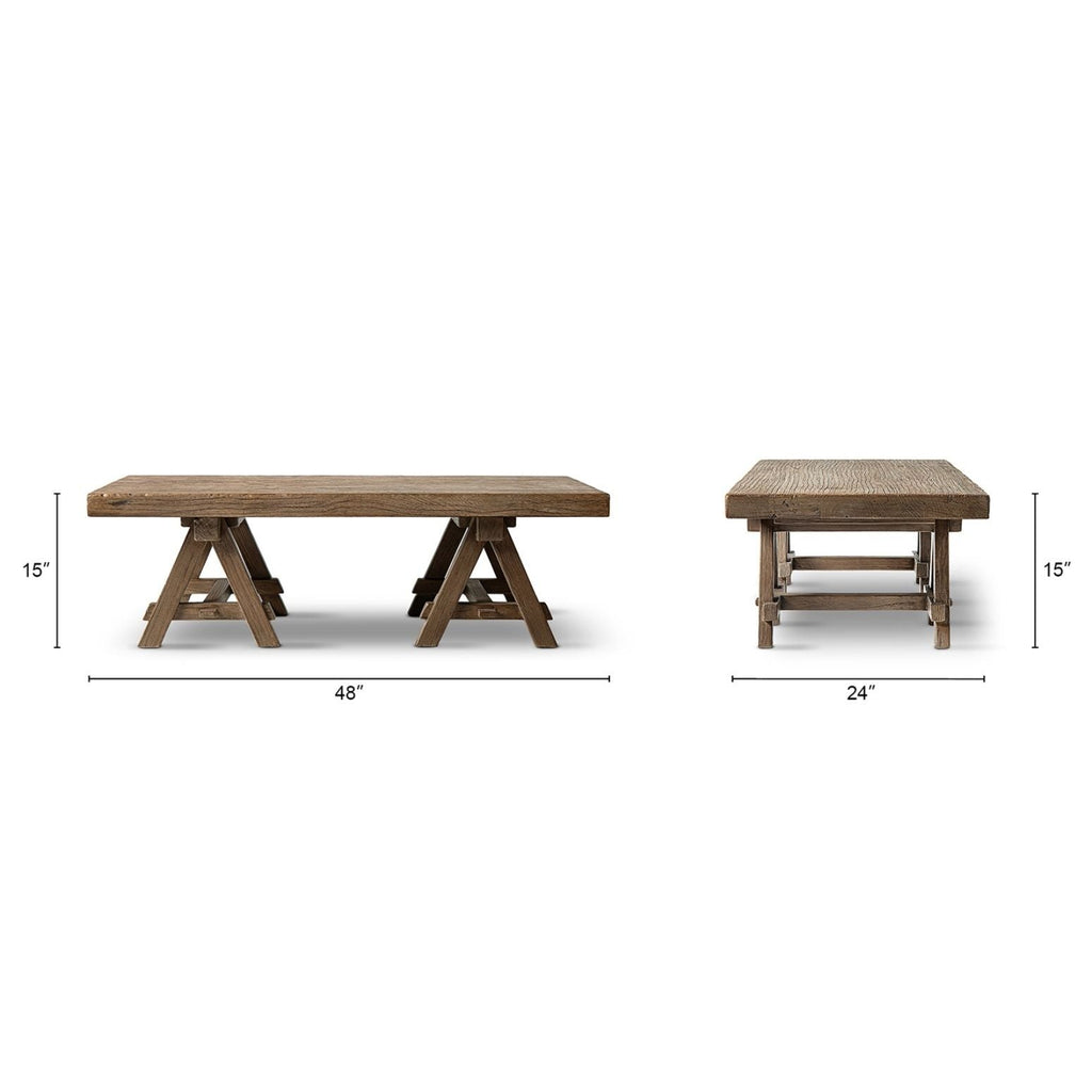 Trestle Coffee Table with Solid Reclaimed Elm Construction - Dark or Light Brown