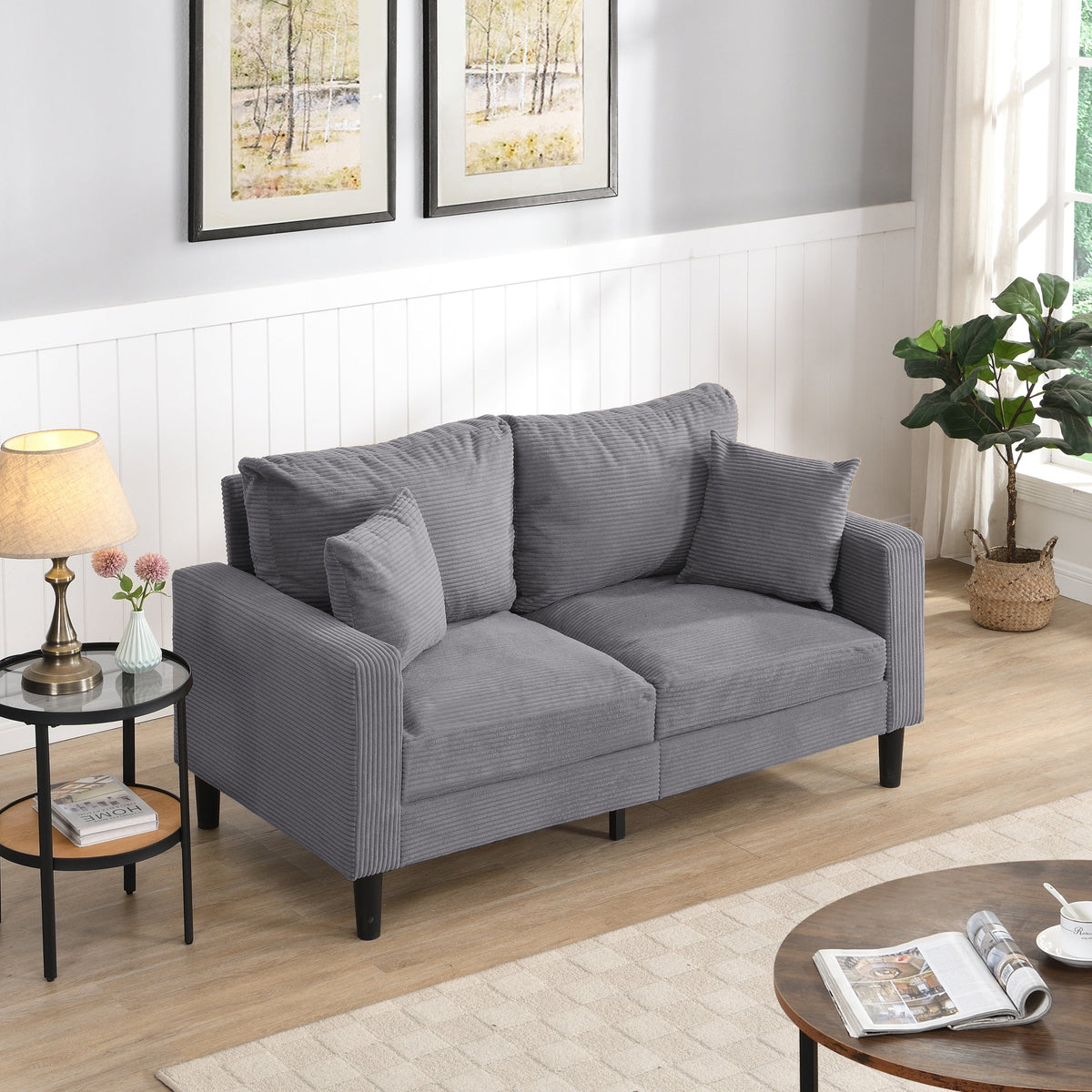 Modern Upholstered Light Gray Loveseat Sofa with Wooden Frame for Small Spaces