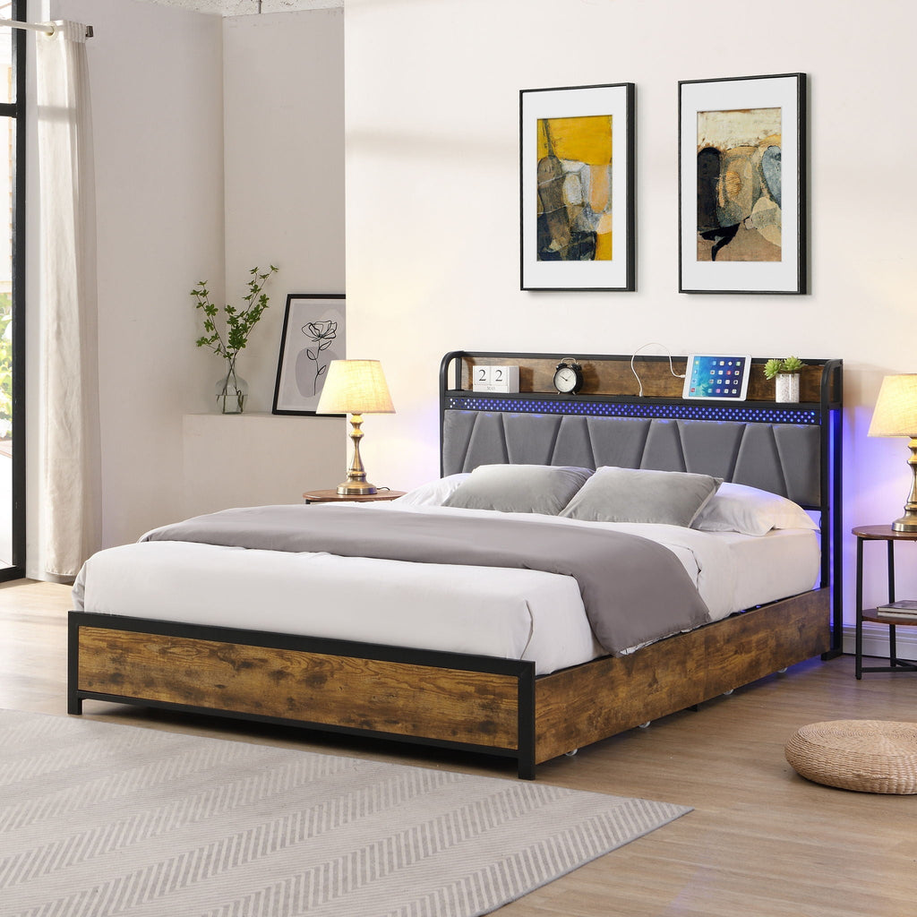 Contemporary Storage Bed Frame with LED Lights and Charging Station - Dark Brown