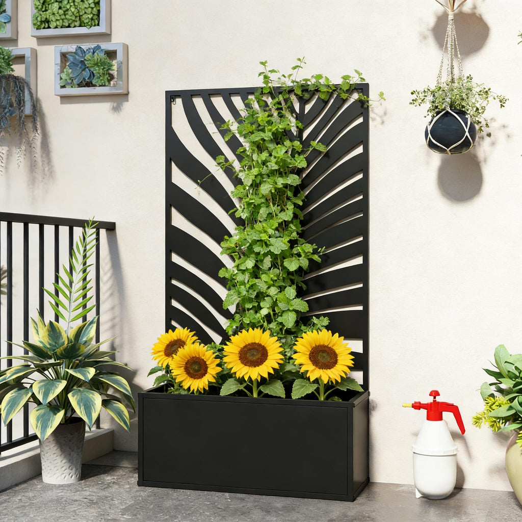 Raised Metal Planter Bed with Decorative Privacy Panel - Freestanding or Wall Mounted