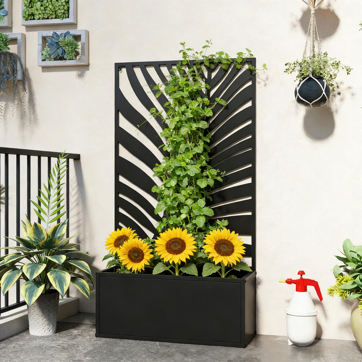 Raised Metal Planter Bed with Decorative Privacy Panel - Freestanding or Wall Mounted