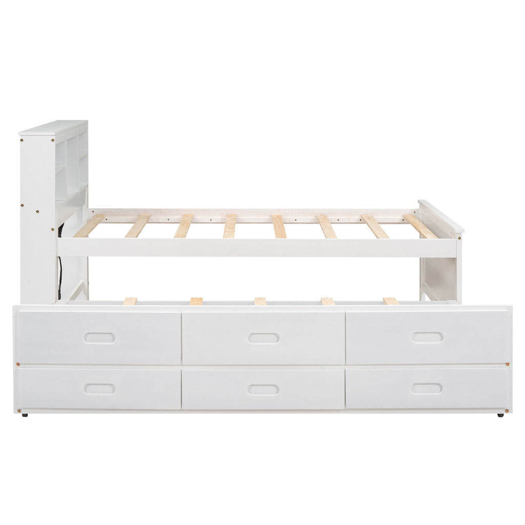 Platform Bed with Storage Headboard, USB, Trundle & 3 Drawers - Twin or Full