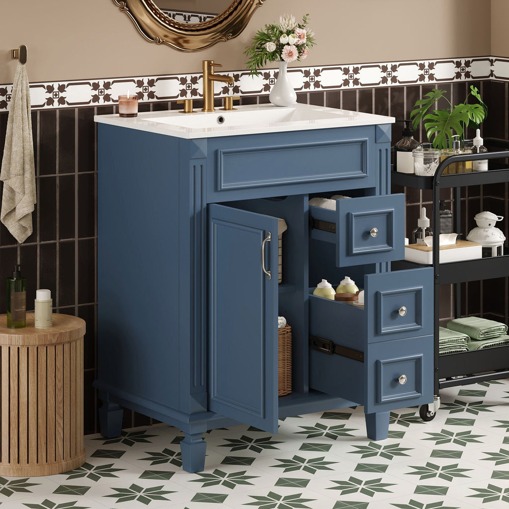 Blue Bathroom Vanity With Ceramic Sink, Two Drawers and Adjustable Shelf