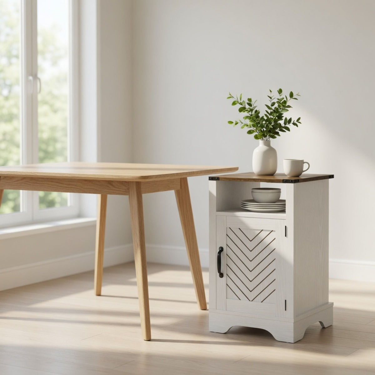 Farmhouse Nightstand with Charging Station & Storage - White