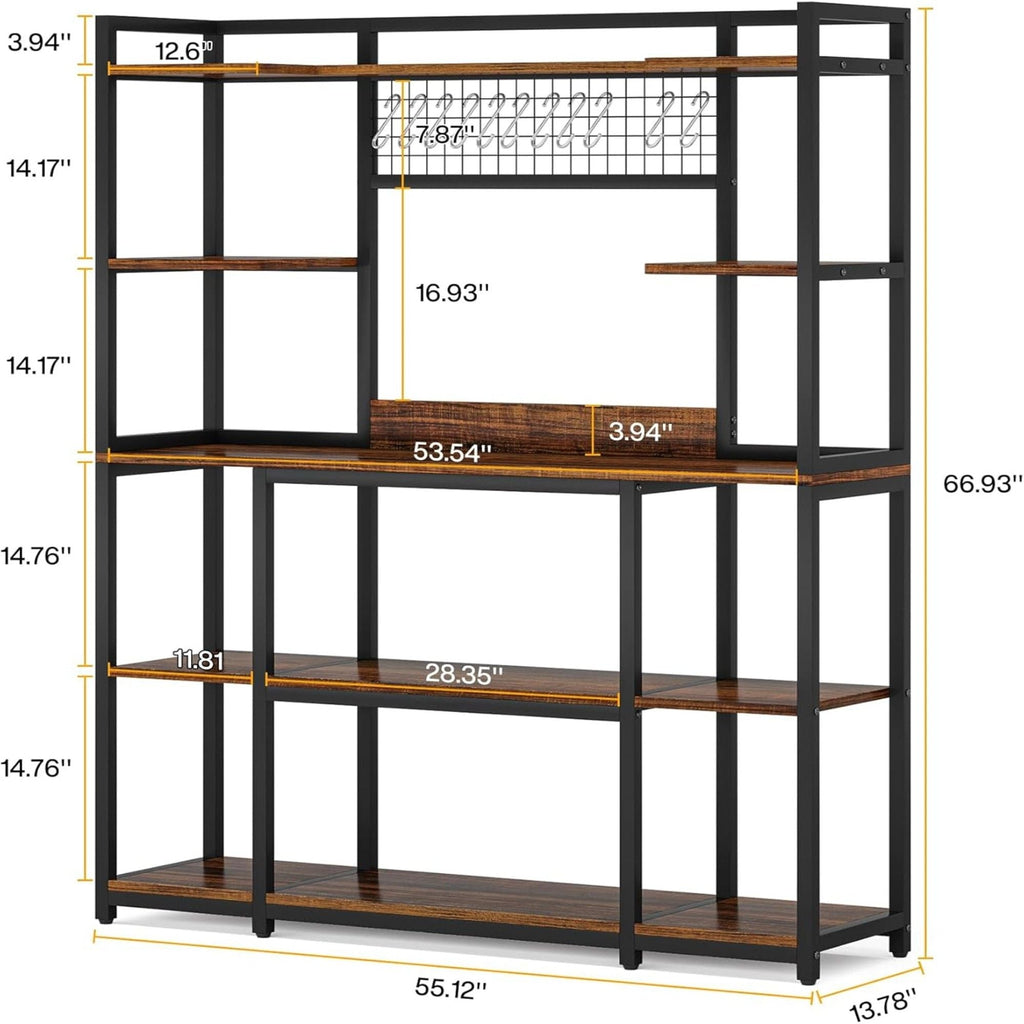Black Baker's Rack with 5-Tier Storage and Hooks - Freestanding Kitchen Organizer