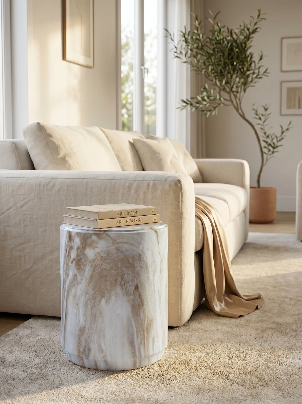 Marble-Look Stool Accent Table with Swirling Stone Finish - Beige, Green, or Black