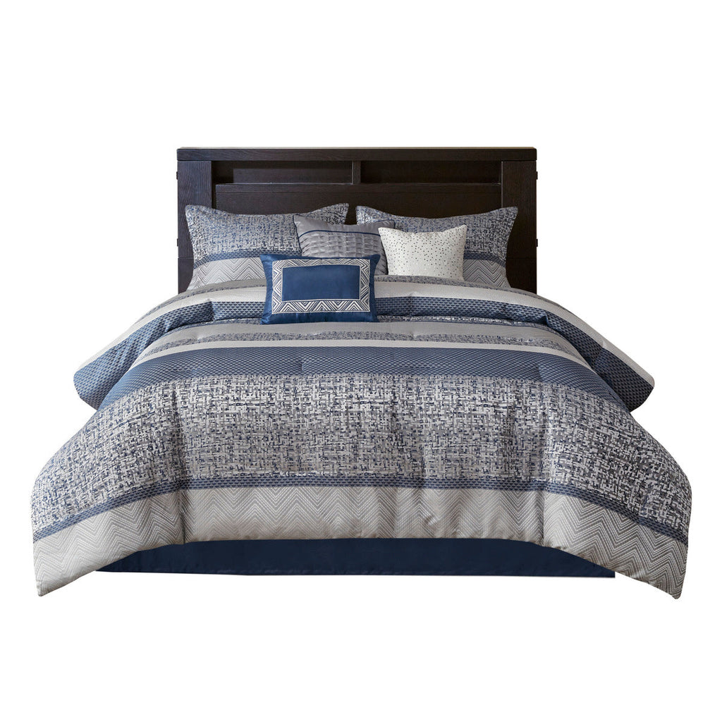 Jacquard Comforter Set 7 Piece with Decorative Pillows - Navy and Grey